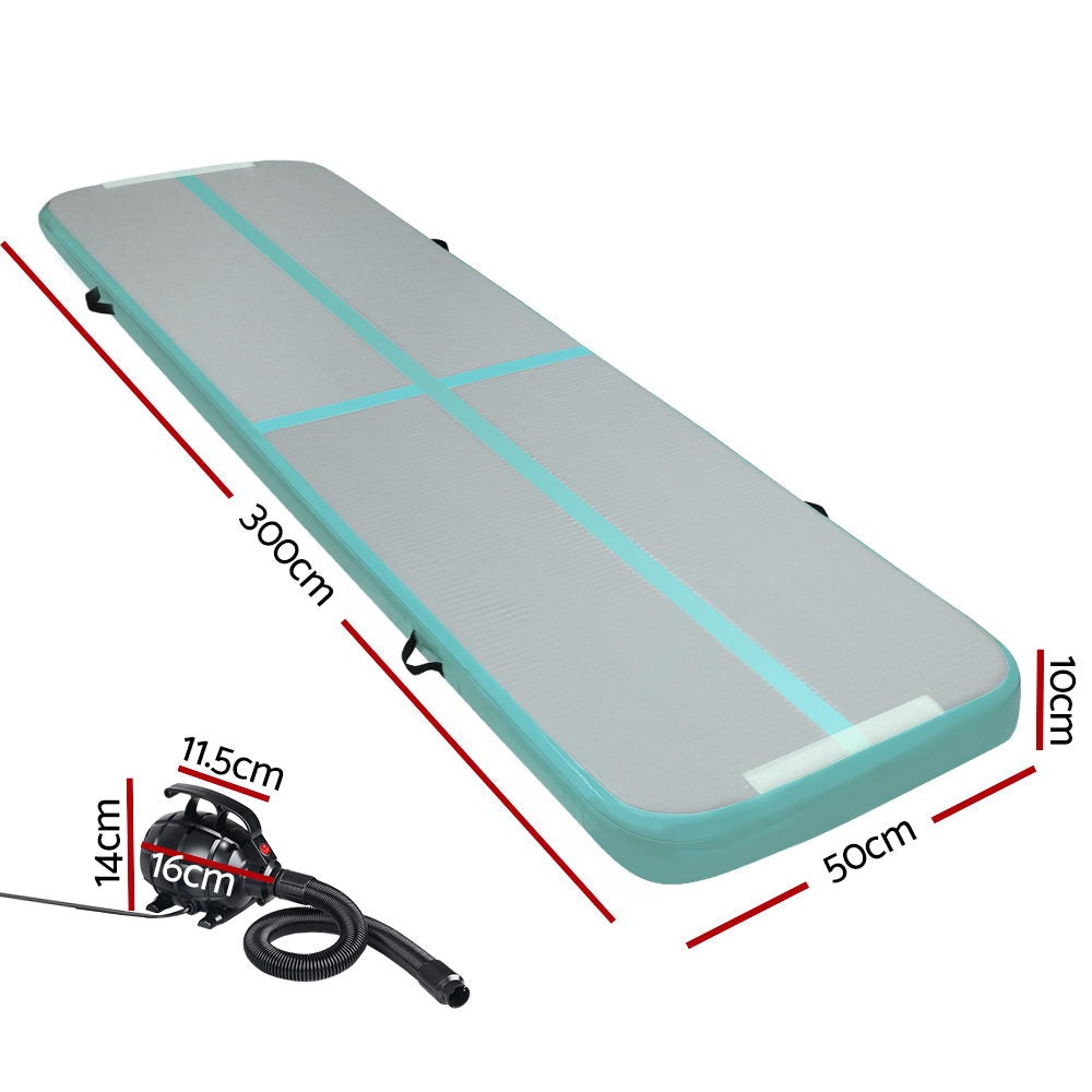 Everfit GoFun 3X1M Inflatable Air Track Mat with Electric Pump, showcasing its durable fabric and vibrant mint and grey colors.